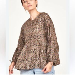 MIRTH Petaluma Top XL Boho Block Print Cotton Silk Blouse
